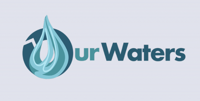 logo for our waters in blue